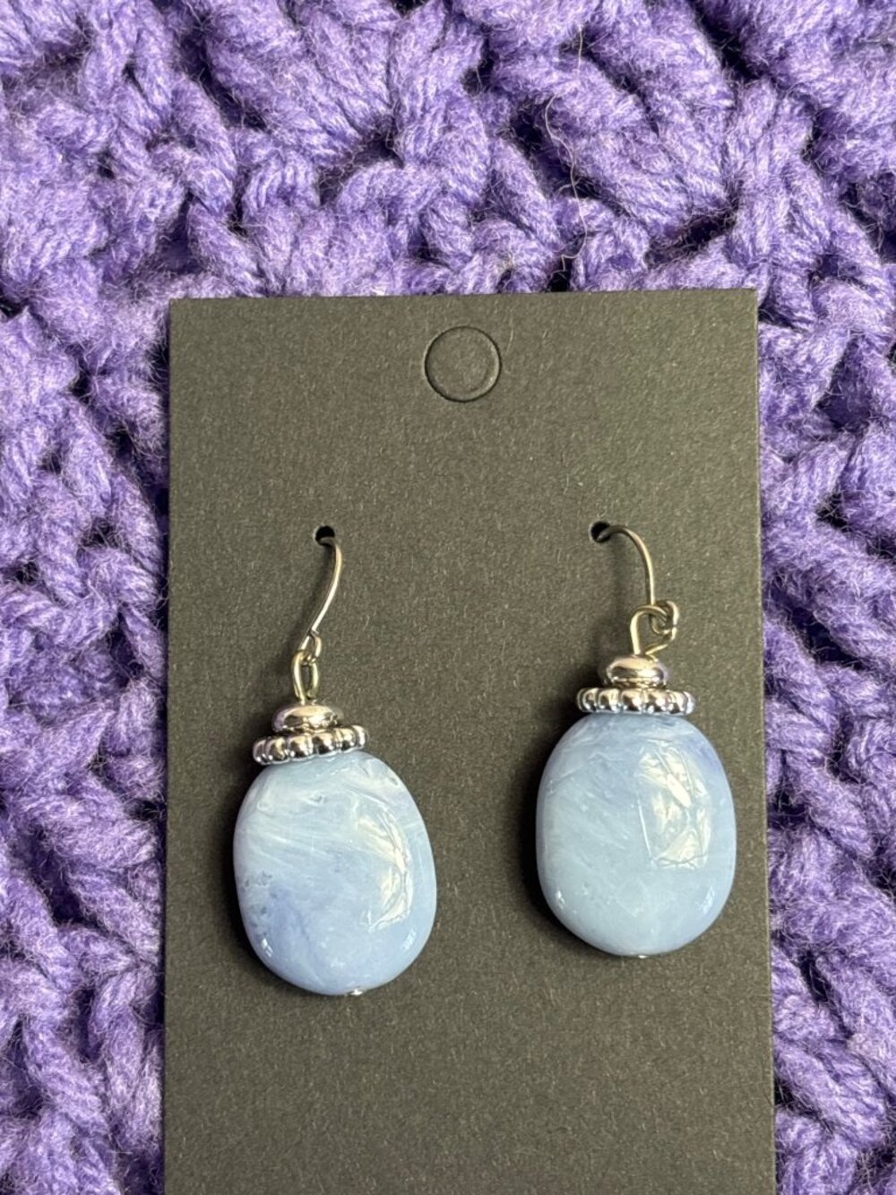 Light Blue Plastic Bead Dangle Earrings Silvertone 1 inch